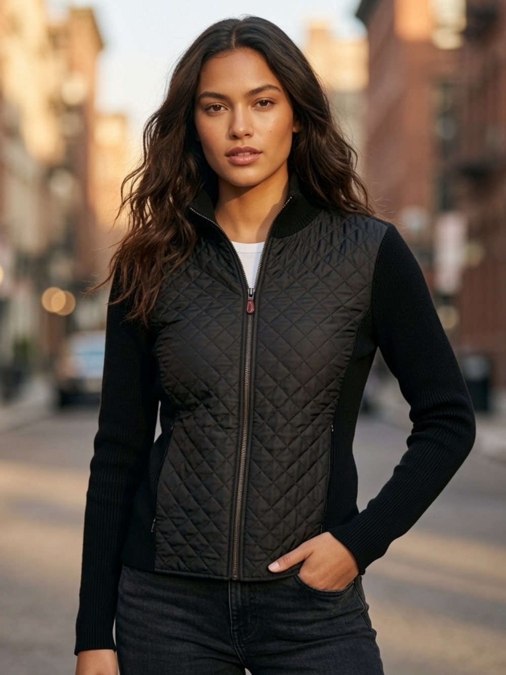 J.McLaughlin Quilted Silk Zip Front Jacket Mock Neck Knit Cotton Black M